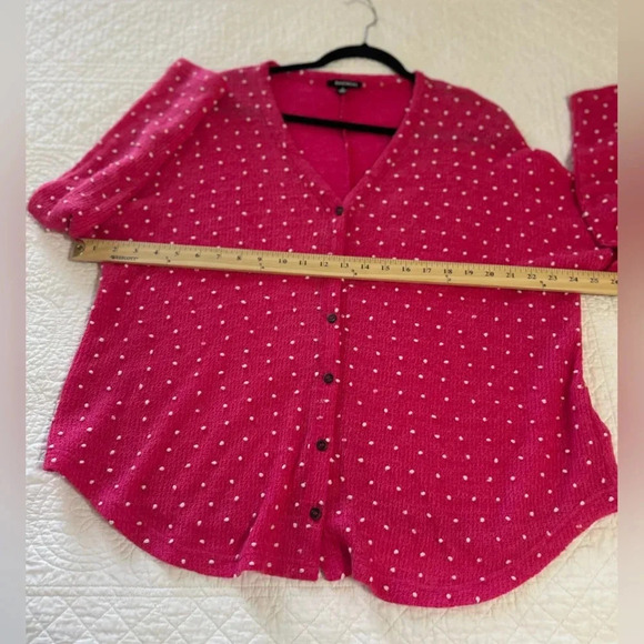 Racheal Hot Pink/White Dot VNeck Cardigan. Twee. Mod. Retro. Preppy. - Picture 6 of 8